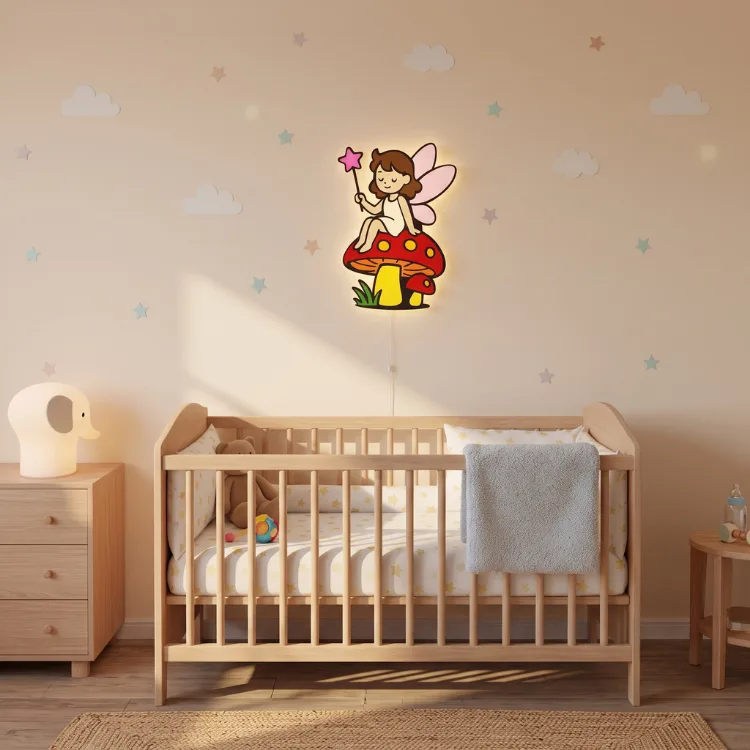 Adel peri ahşap gece lambası, bulut ve yıldız süslemeli bebek odasında naturel renkli beşiğin üstünde ışığı açık