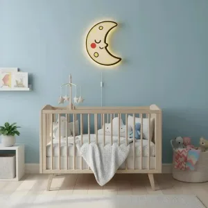 Ay ahşap gece lambası, mavi bebek odası duvarında yıldızlı mobil asılı karyolanın üzerinde ışığı açık