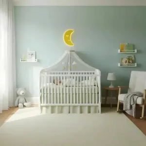 Ay dede ahşap gece lambası, yeşil tonlu bebek odasında cibinlikli karyolanın üzerinde ışığı açık sarı hilal