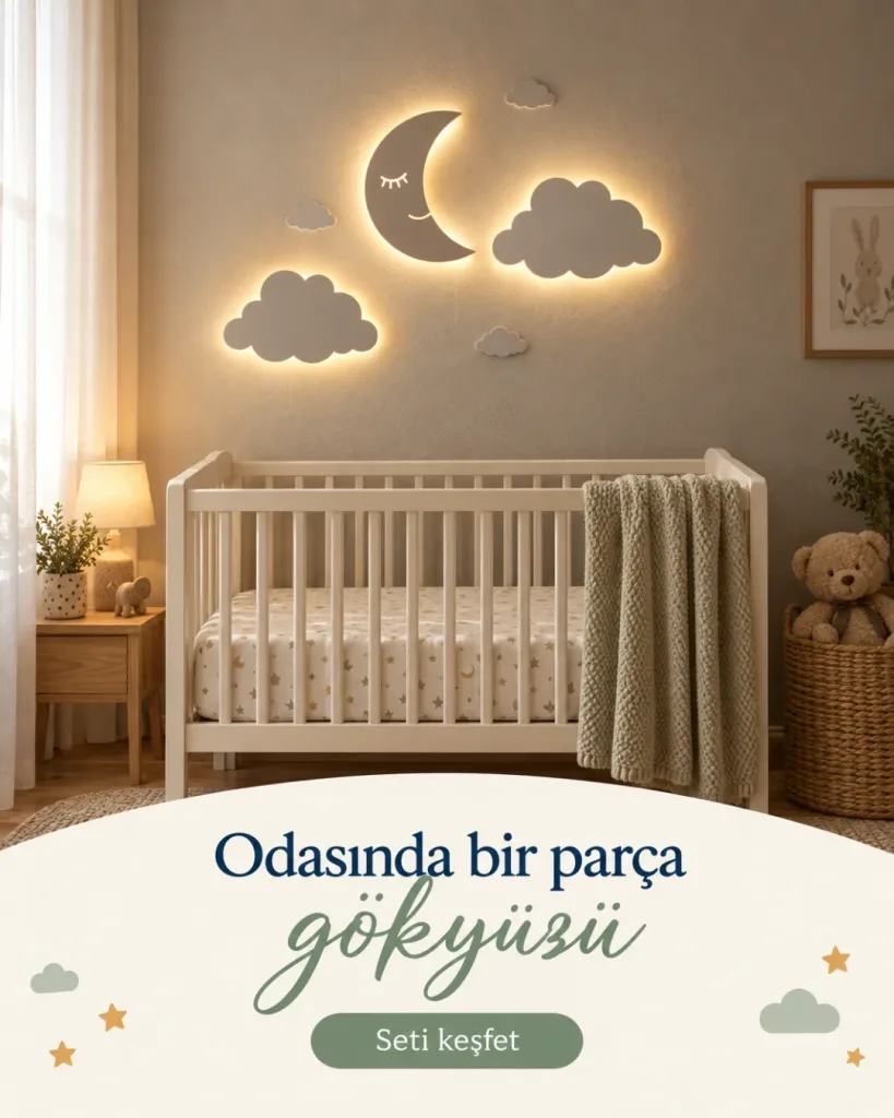 Işığı açık iki bulut ve aydede lamba beyaz beşiğin üstünde; Odasında bir parça gökyüzü yazılı kombin kartı