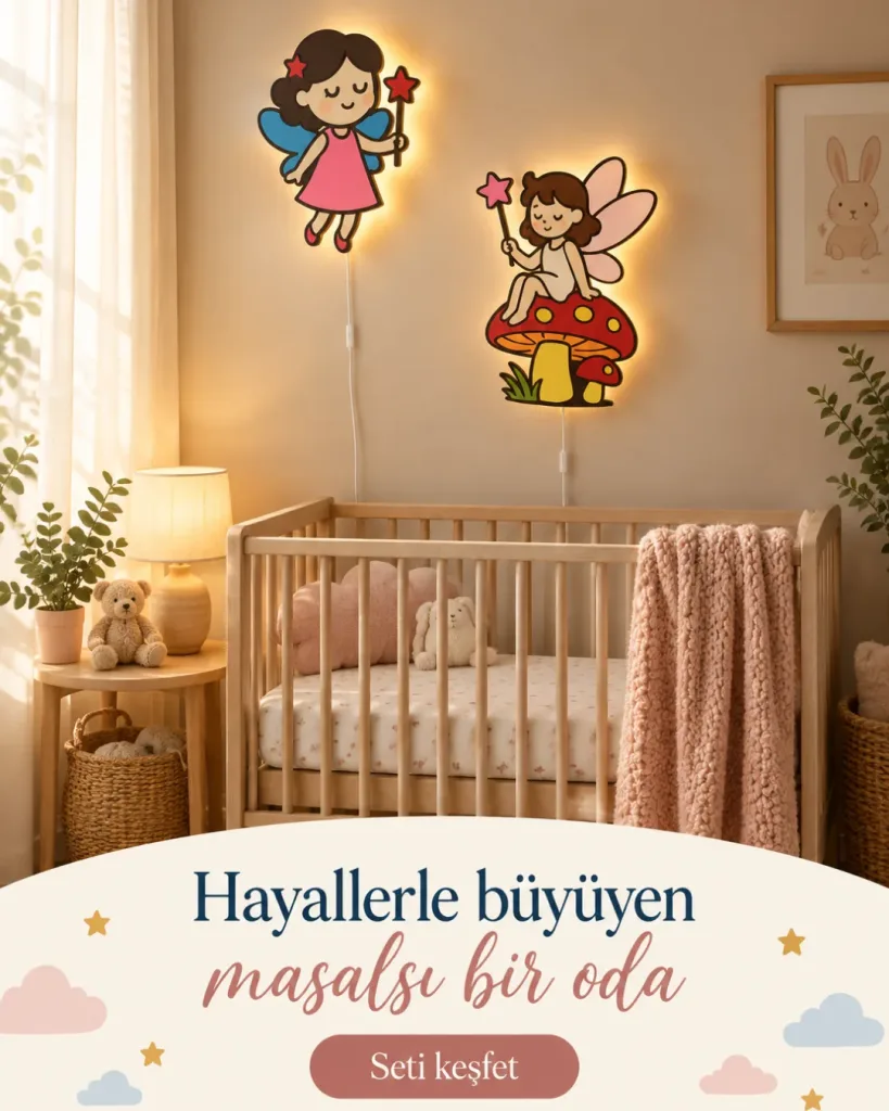 Pembe elbiseli peri ve mantar üstündeki peri lamba beşiğin üstünde; Hayallerle büyüyen masalsı bir oda yazılı kombin kartı