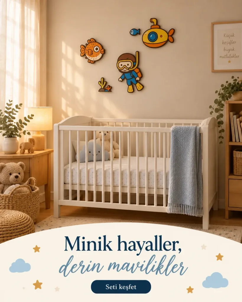 Balon balığı, dalgıç ve sarı denizaltı lamba krem duvarda beşik üstünde; Minik hayaller, derin mavilikler yazılı kombin kartı