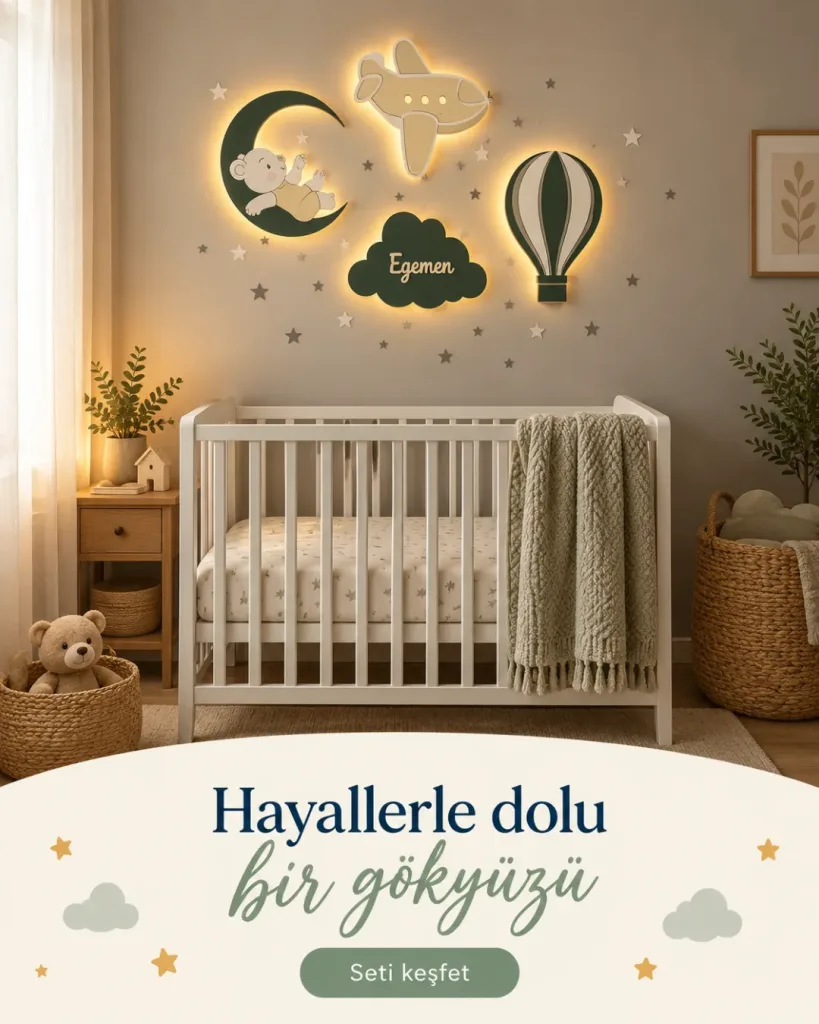 Bebek ayılı ay, uçak, isimli bulut ve uçan balon lamba beşik üstünde; Hayallerle dolu bir gökyüzü yazılı kombin kartı