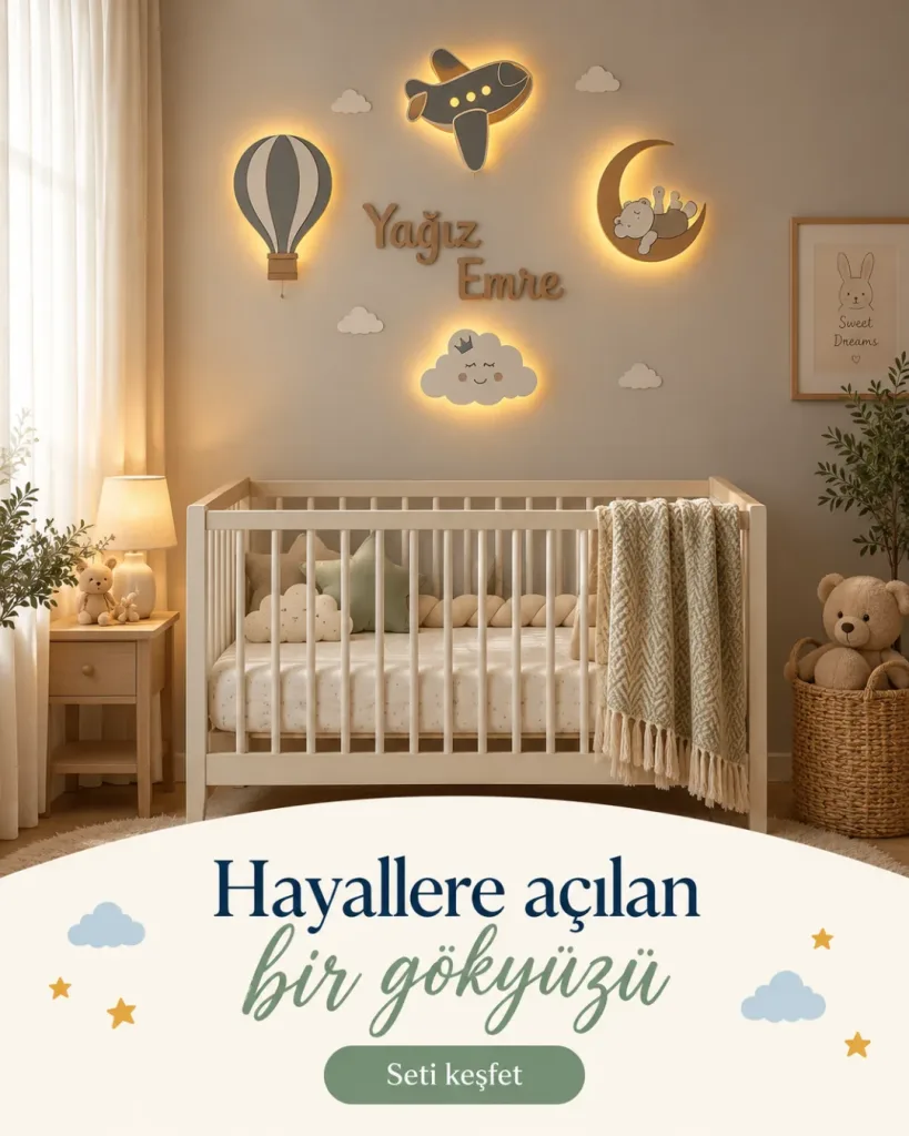 Uçan balon, uçak, ay ve gülen bulut lamba, ortada ışıksız ahşap isim; Hayallere açılan bir gökyüzü yazılı kombin kartı