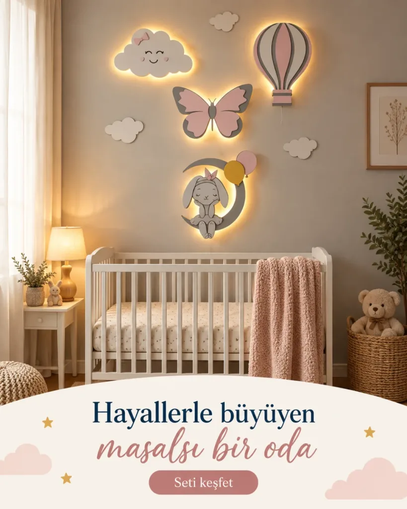 Gülen bulut, kelebek, uçan balon ve tavşan lamba beşik üstünde; Hayallerle büyüyen masalsı bir oda yazılı kombin kartı