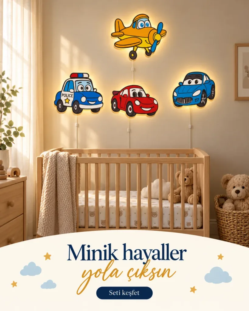 Işıklı uçak, polis arabası, kırmızı ve mavi araba lamba beşiğin üstünde; Minik hayaller yola çıksın yazılı kombin kartı