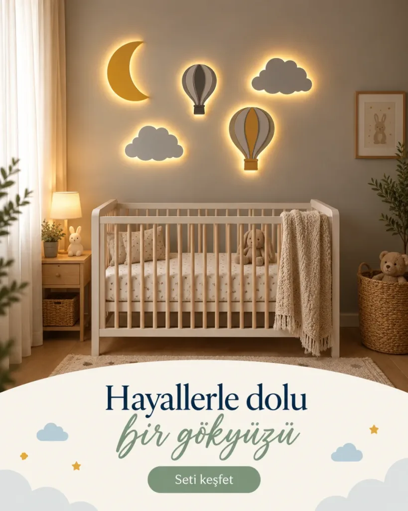 Işıklı aydede, uçan balon ve bulut lambalar beşiğin üstünde; Hayallerle dolu bir gökyüzü yazılı kombin kartı
