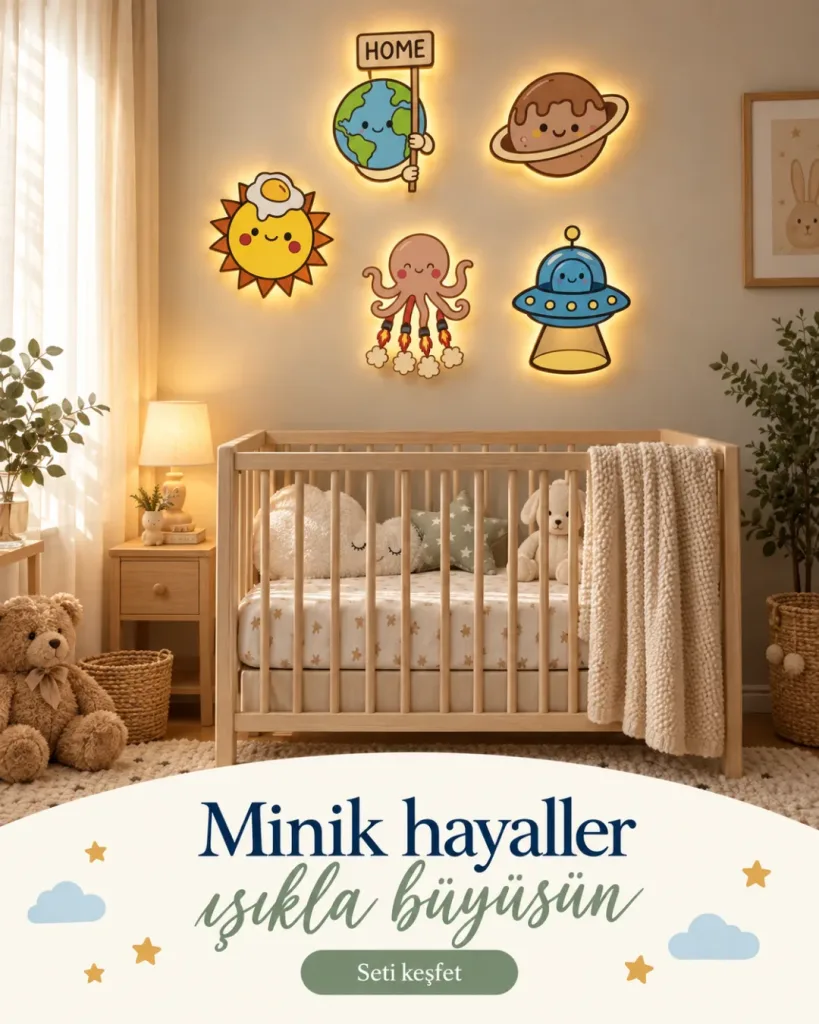Güneş, Home tabelalı dünya, gezegen, ahtapot ve uzay gemisi lamba yanıyor; Minik hayaller ışıkla büyüsün yazılı kombin kartı
