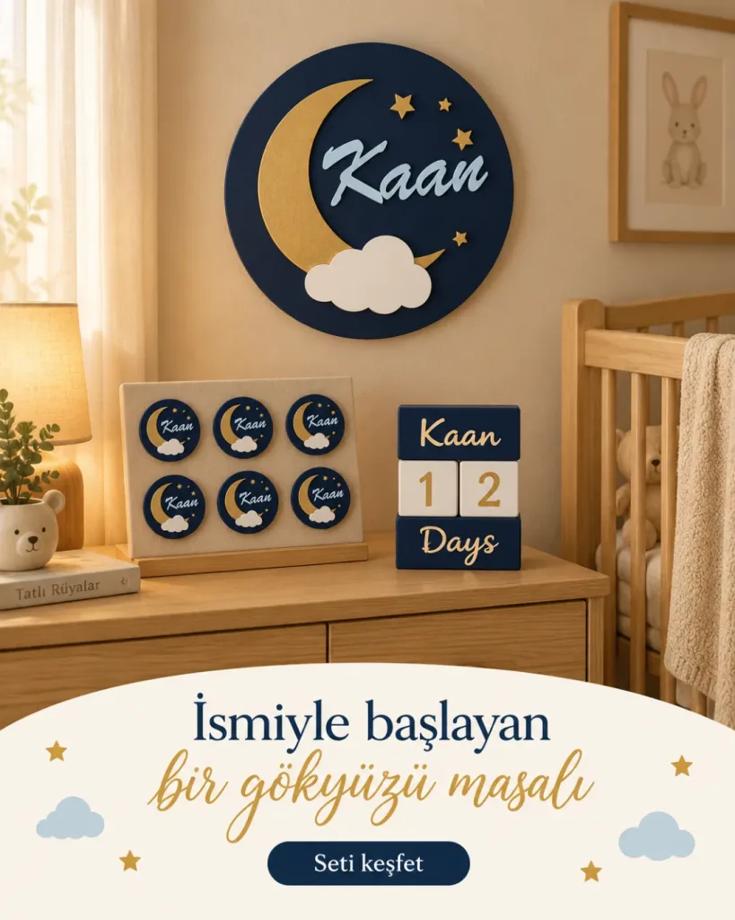 Ay bulut temalı kapı süsü, magnetler ve anı küpleri; İsmiyle başlayan bir gökyüzü masalı yazılı kombin kartı