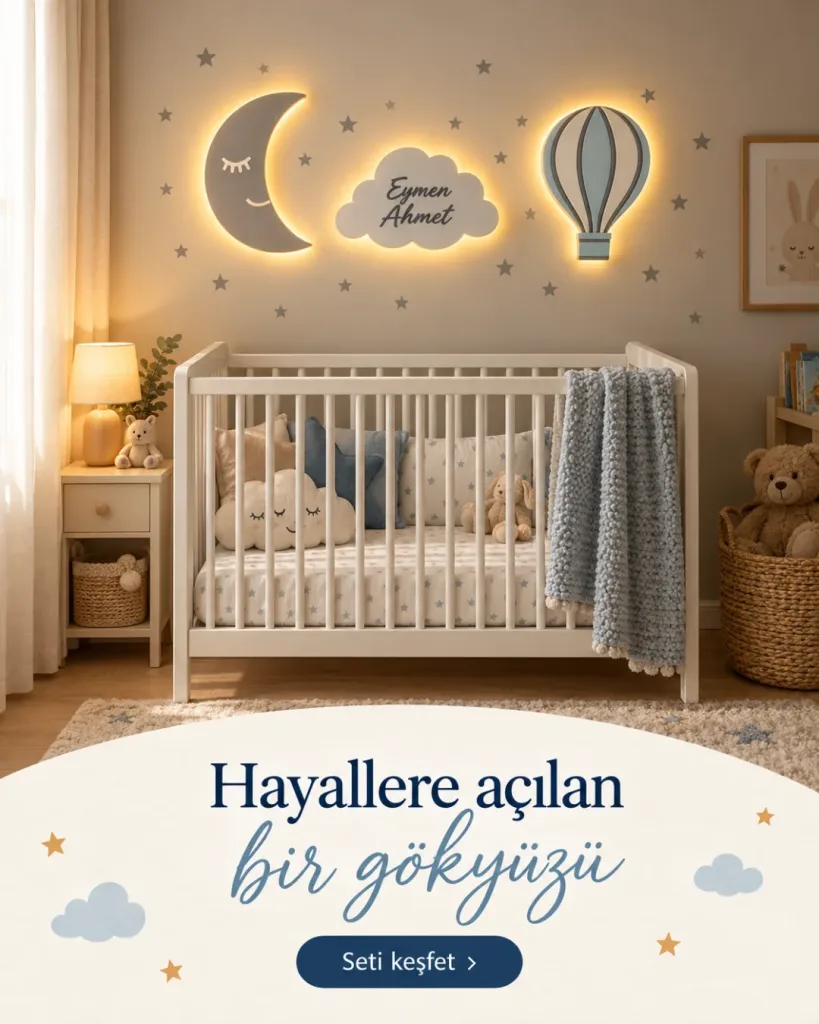 Işıklı aydede, isimli bulut ve uçan balon lamba beşik üstünde; Hayallere açılan bir gökyüzü yazılı kombin kartı