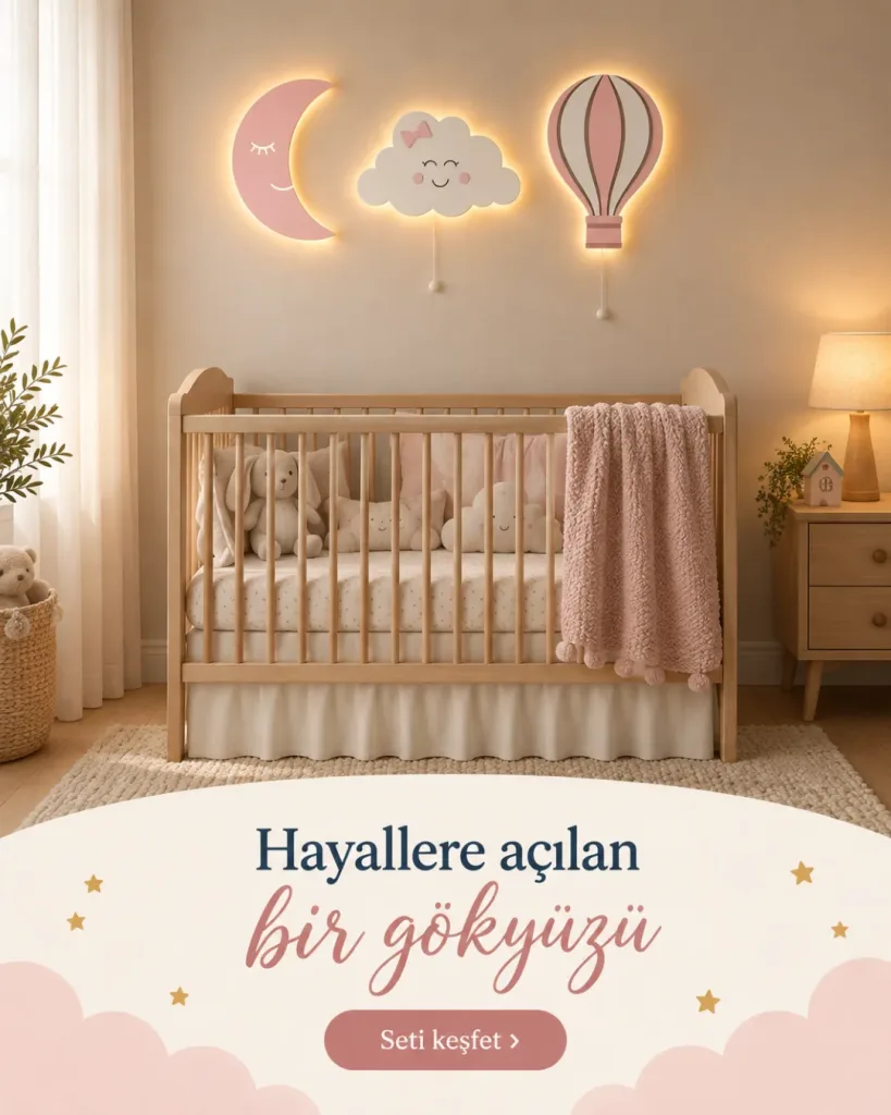 Pembe aydede, gülen bulut ve uçan balon lamba beşik üstünde; Hayallere açılan bir gökyüzü yazılı kombin kartı