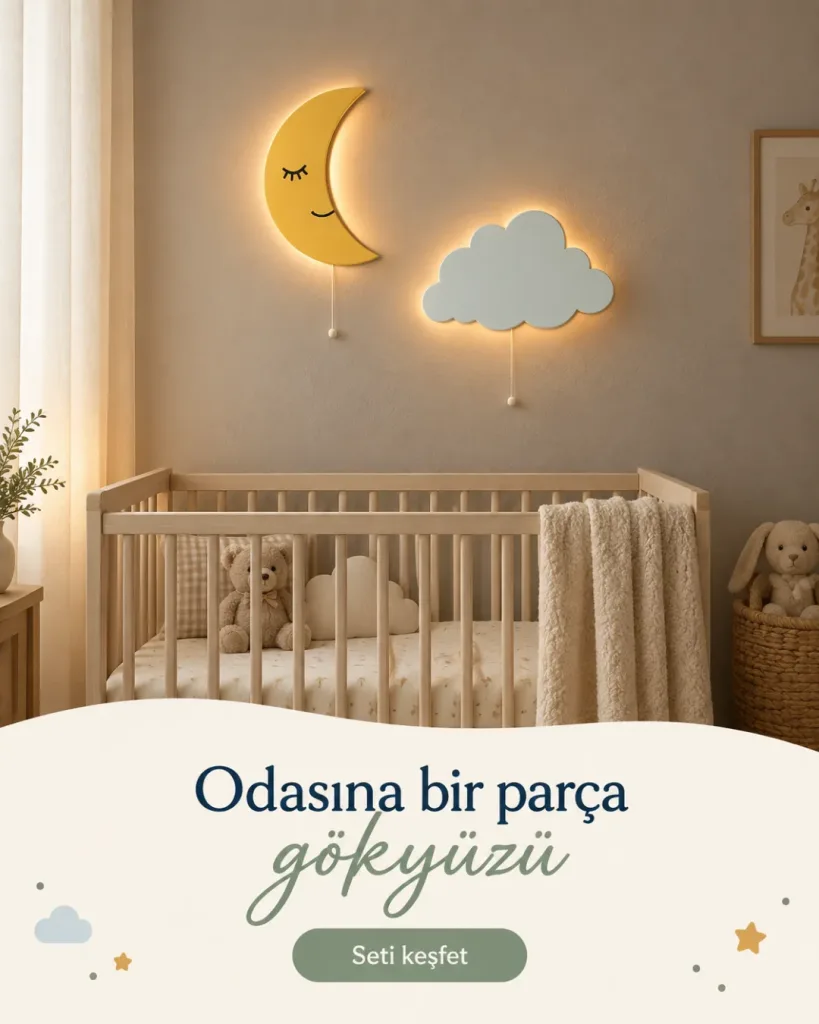 Işığı açık sarı aydede ve mavi bulut lamba ahşap beşiğin üstünde; Odasına bir parça gökyüzü yazılı kombin kartı