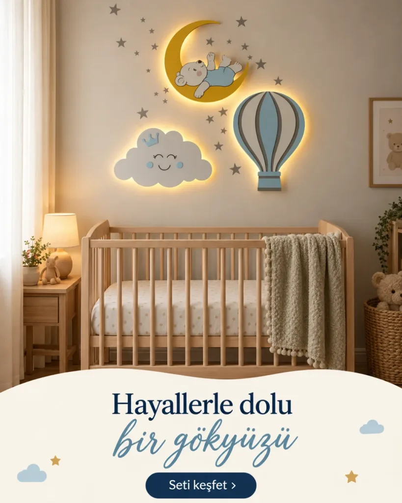 Bebek ayılı ay, gülen bulut ve uçan balon lamba ahşap beşik üstünde; Hayallerle dolu bir gökyüzü yazılı kombin kartı