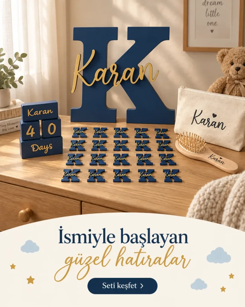 Harf kapı süsü, harf magnetler, anı küpleri, fırça ve kese komodinde; İsmiyle başlayan güzel hatıralar yazılı kart