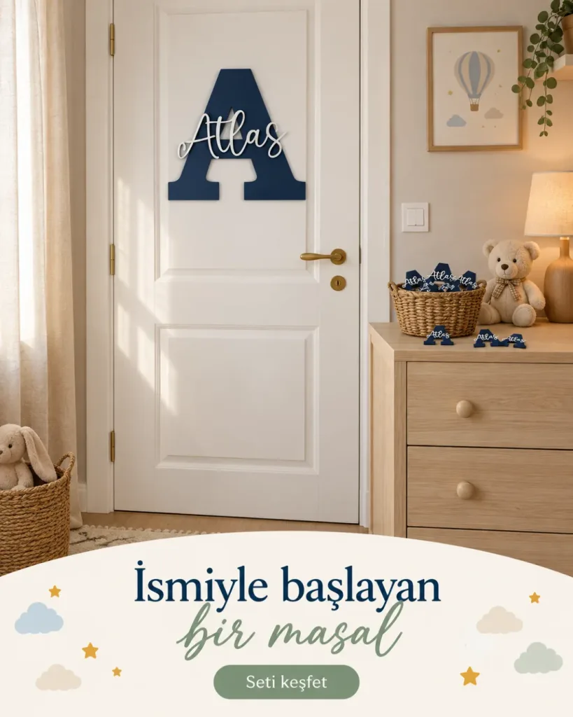 Lacivert A harfli kapı süsü beyaz kapıda, magnet sepeti şifonyerde; İsmiyle başlayan bir masal yazılı kombin kartı