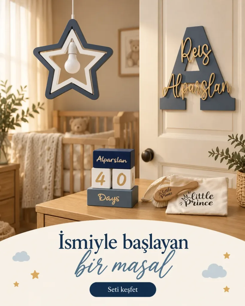 Yıldız avize, A harfli kapı süsü, anı küpleri, fırça ve kese; İsmiyle başlayan bir masal yazılı kombin kartı