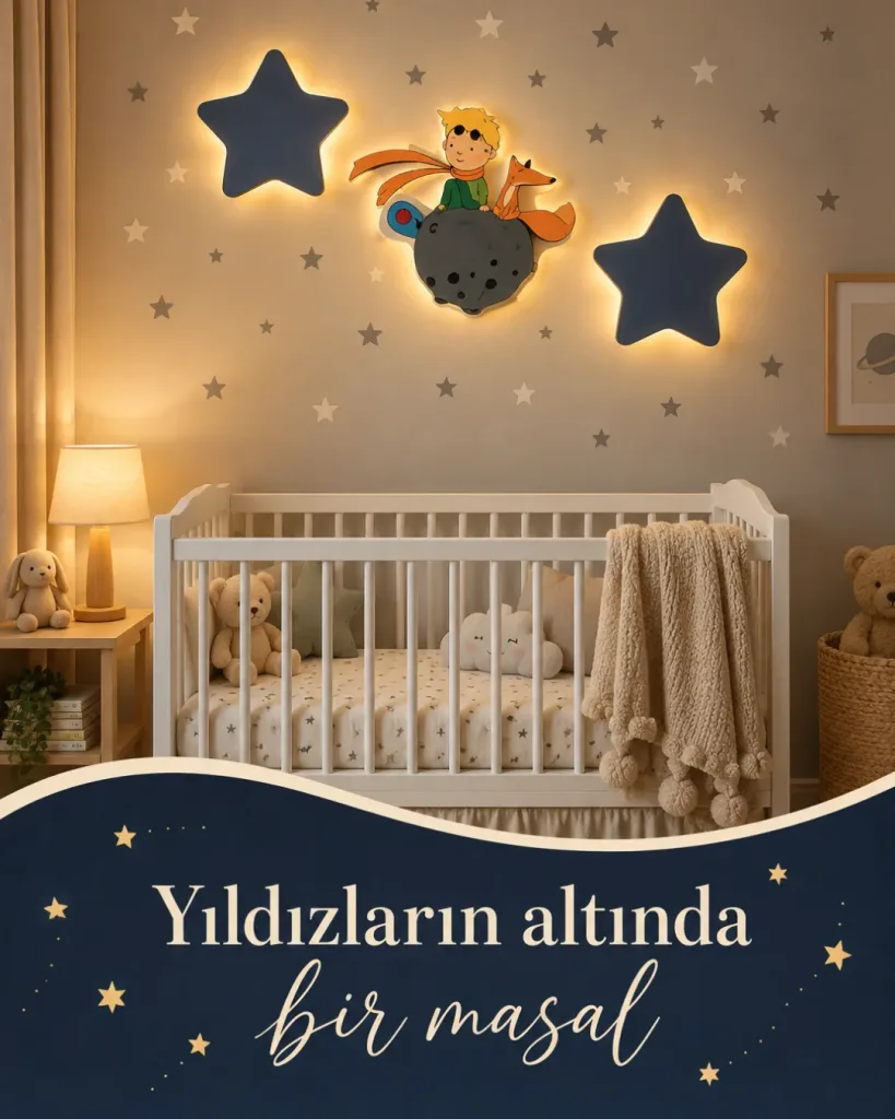 Işıklı Küçük Prens ve iki yıldız lamba beşiğin üstünde; Yıldızların altında bir masal yazılı kombin kartı