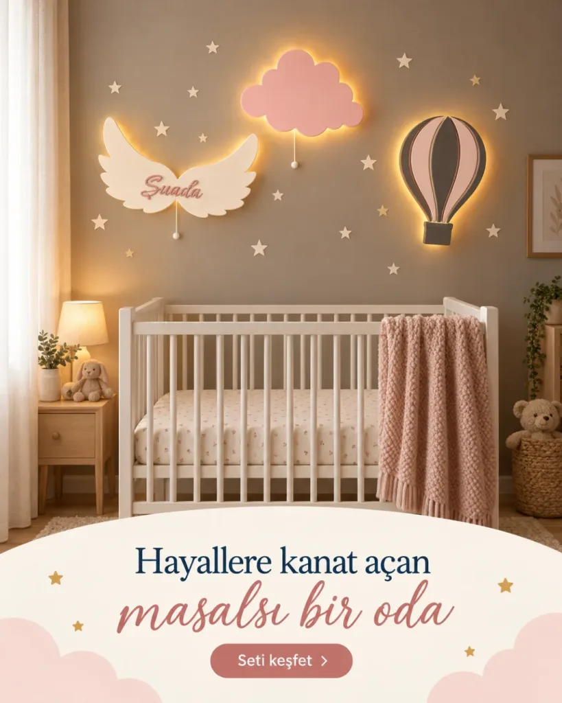 Melek kanadı, pembe bulut ve uçan balon lamba beşik üstünde; Hayallere kanat açan masalsı bir oda yazılı kart