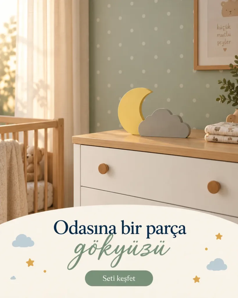 Ahşap aydede ve bulut süsü şifonyerin üstünde; Odasına bir parça gökyüzü yazılı kombin kartı