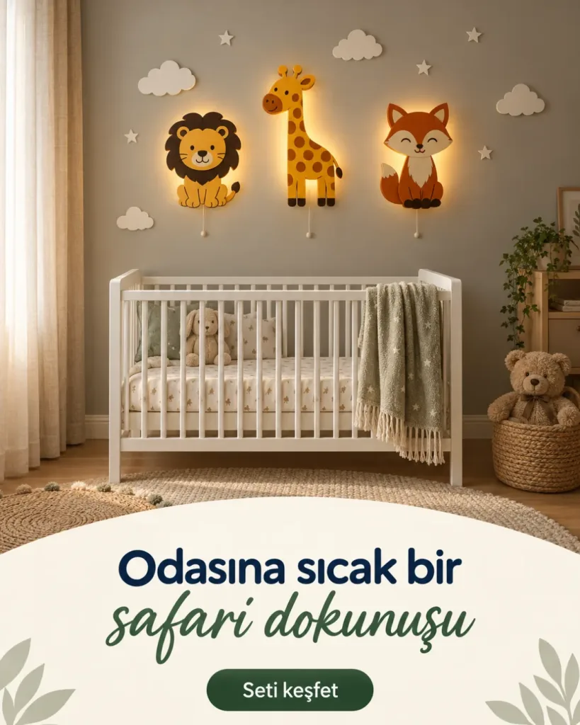 Işıklı aslan, zürafa ve tilki lamba beyaz beşiğin üstünde; Odasına sıcak bir safari dokunuşu yazılı kombin kartı
