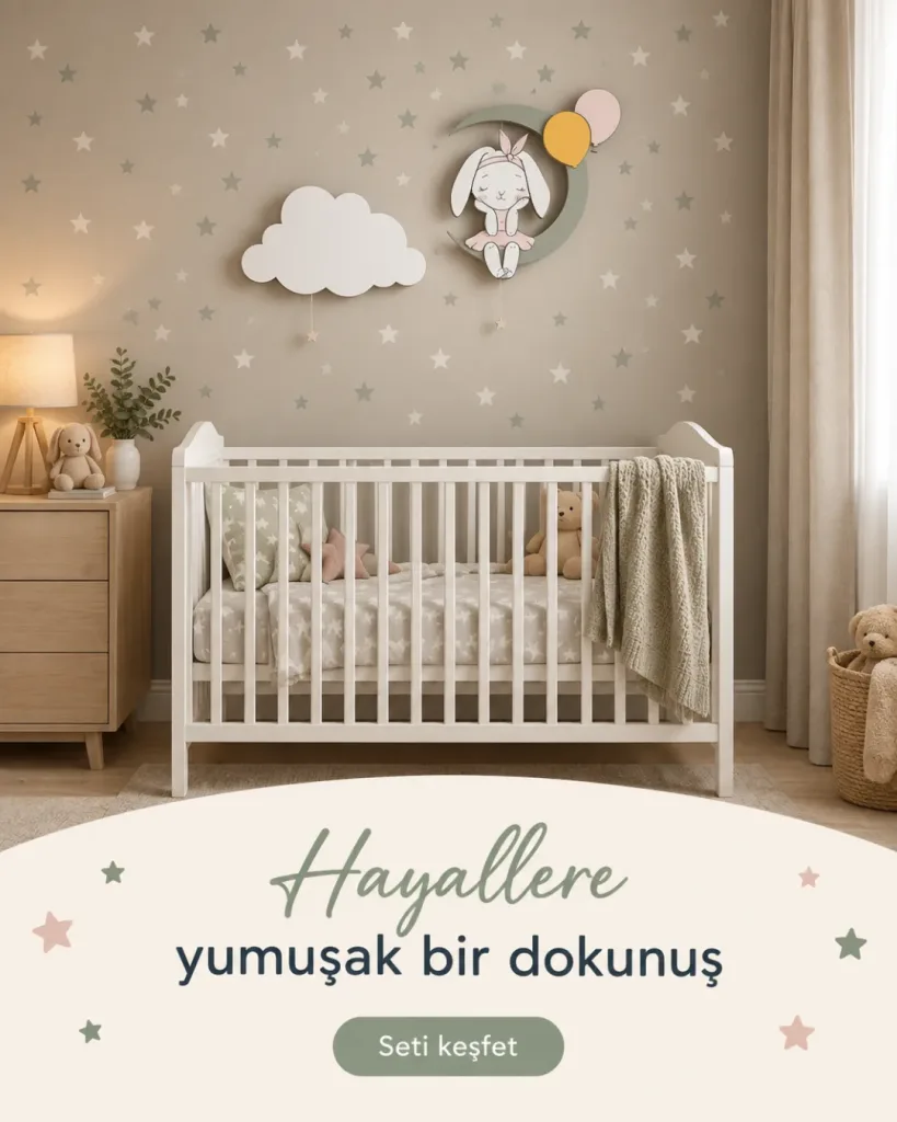 Bulut ve balonlu tavşan lamba beyaz beşiğin üstünde; Hayallere yumuşak bir dokunuş yazılı kombin kartı