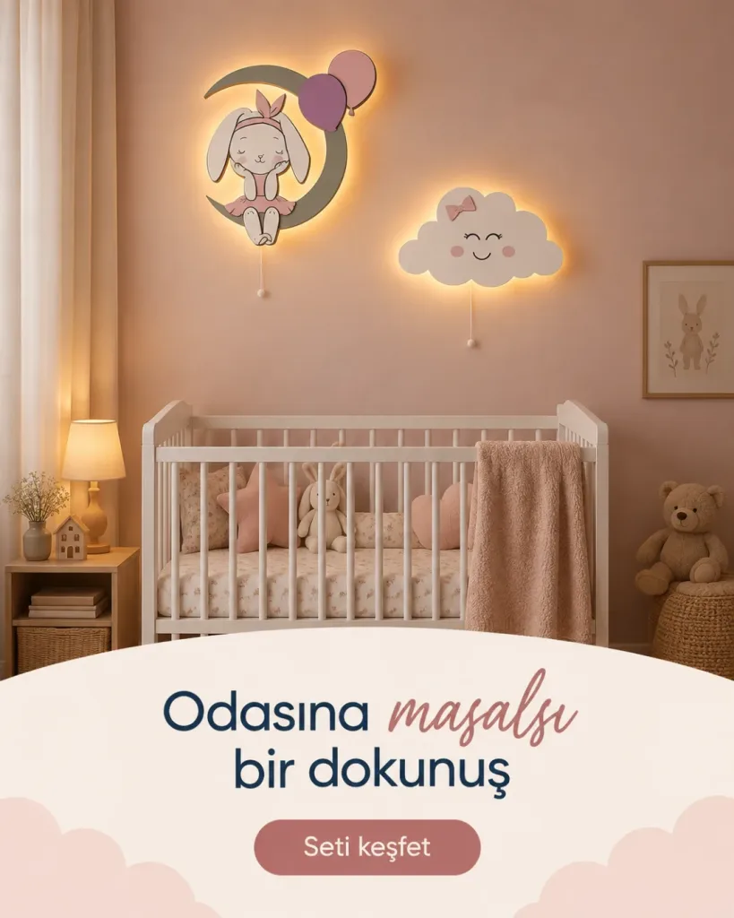 Işığı açık tavşan ve gülen bulut lamba beşiğin üstünde; Odasına masalsı bir dokunuş yazılı kombin kartı