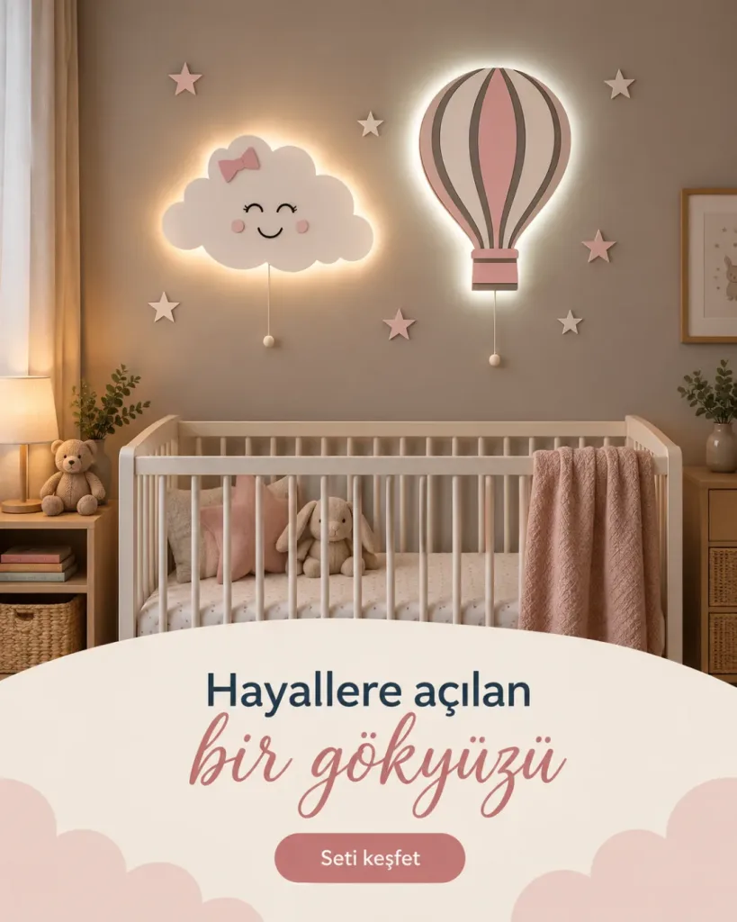 Işığı açık gülen bulut ve pembe uçan balon lamba beşiğin üstünde; Hayallere açılan bir gökyüzü yazılı kombin kartı