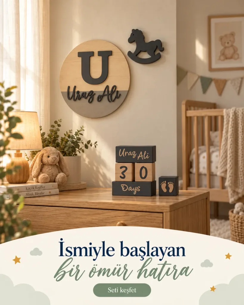 Yuvarlak U harfli kapı süsü, sallanan at ve anı küpleri; İsmiyle başlayan bir ömür hatıra yazılı kombin kartı