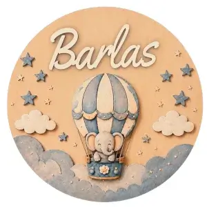 UV baskılı MDF balonlu fil kapı süsü; sıcak hava balonunda fil, bulutlar ve yıldızlar, örnek isim Barlas